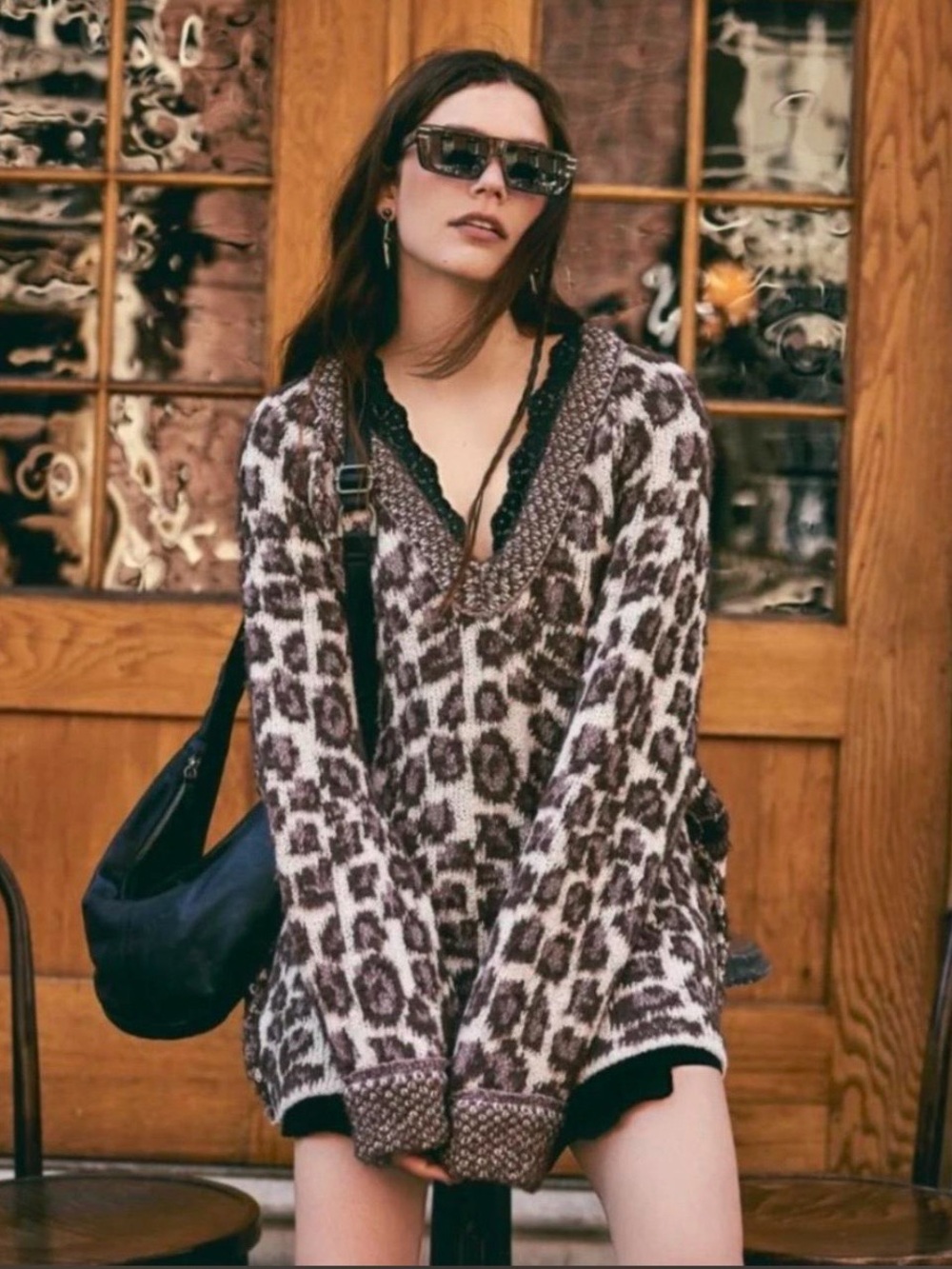 Free People Cream and Brown Leopard V-Neck Sweater